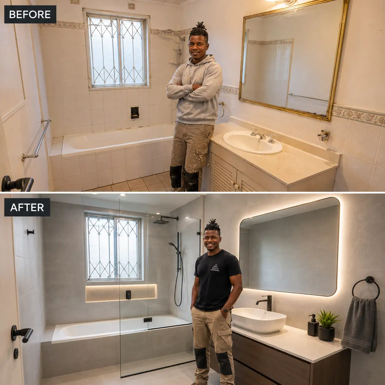 Before and after: a dated bathroom stripped and rebuilt with new tiling, a glass screen and a floating vanity