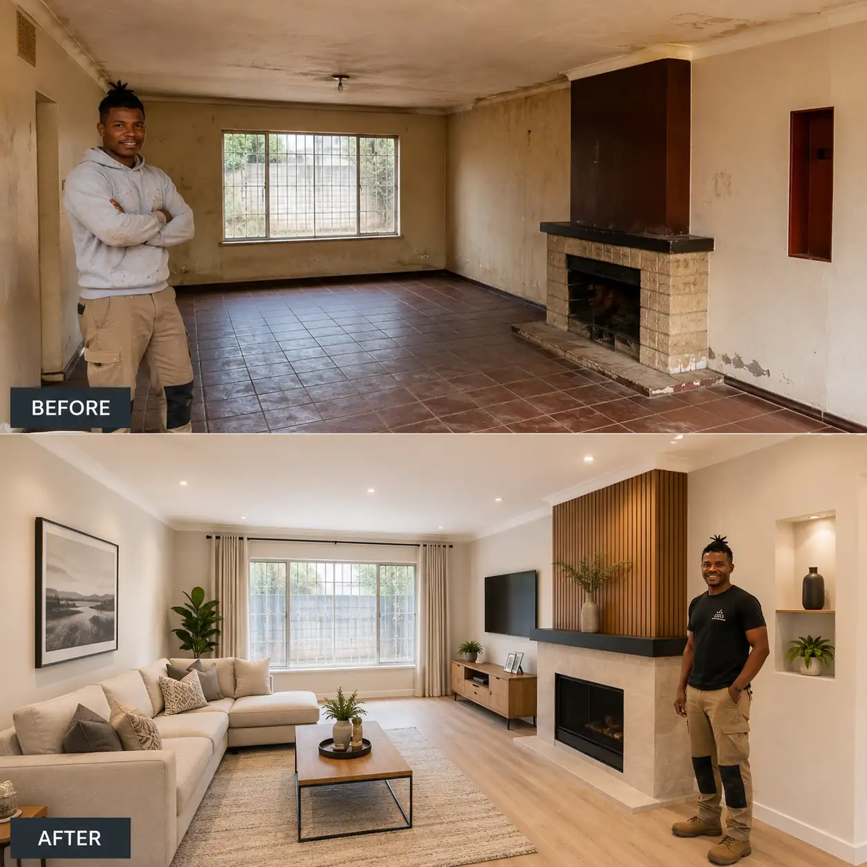 Before and after: a damp-stained living room replastered, repainted and finished with a new floor and fireplace surround