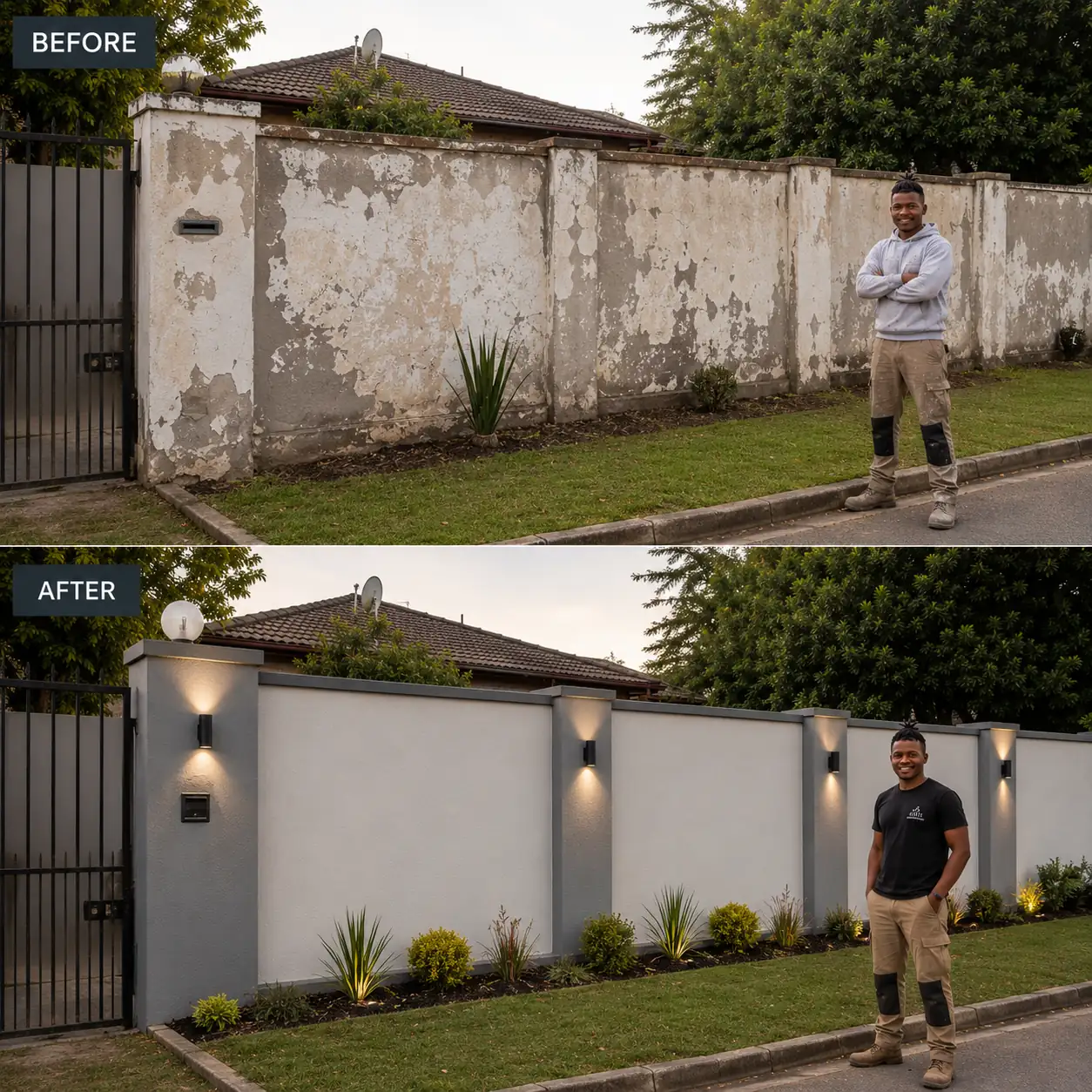 Before and after: a crumbling street boundary wall replastered, repainted and fitted with wall lights