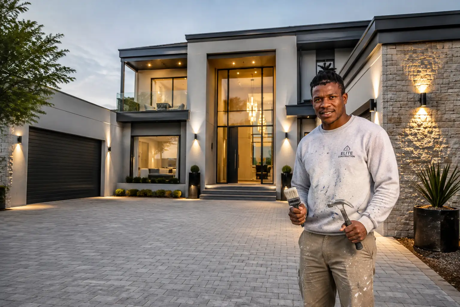 K-Build artisan with a brush and hammer outside a finished home in Edenvale
