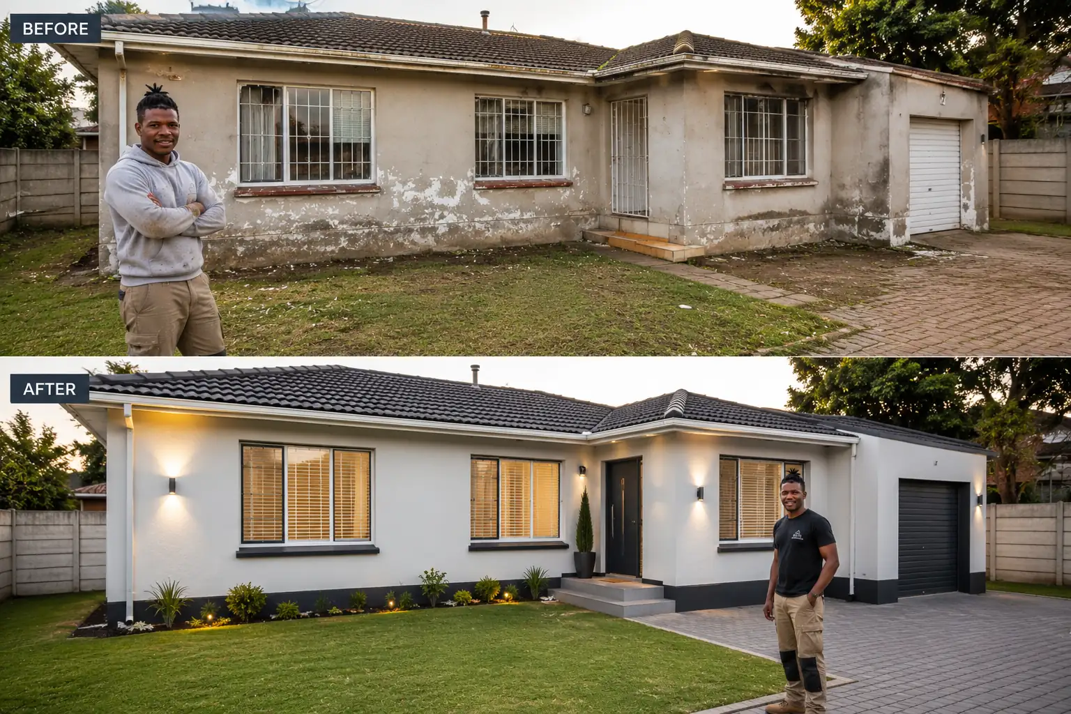Before and after: a tired face-brick house in Edenvale restored, replastered and repainted with new lighting and landscaping