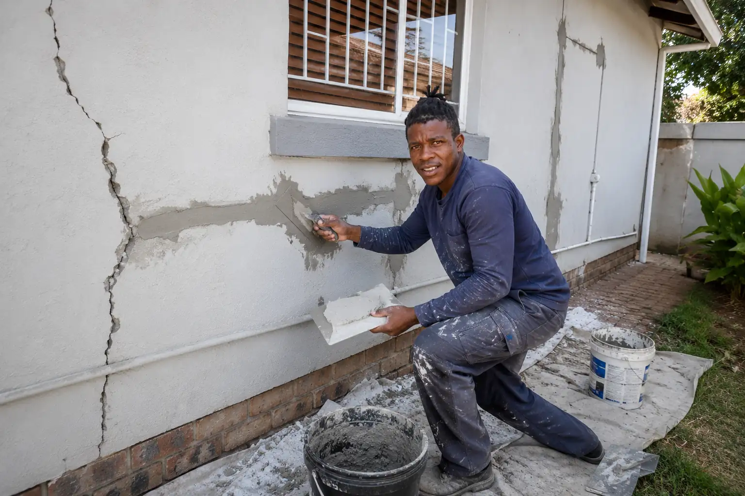 Artisan filling and replastering a cracked exterior wall at a home in Edenvale