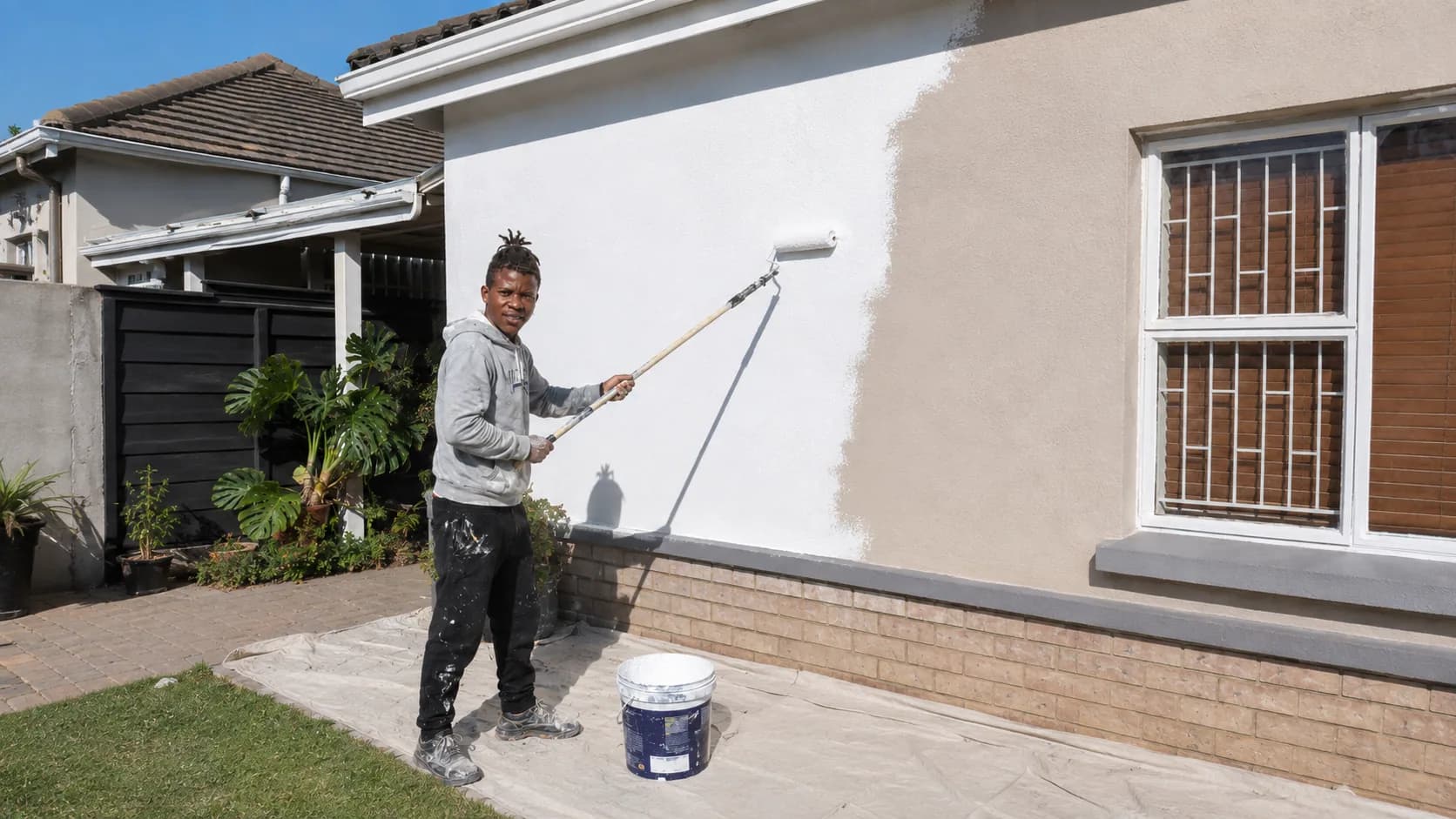 House painter rolling a fresh white coat onto the exterior wall of a home in Edenvale