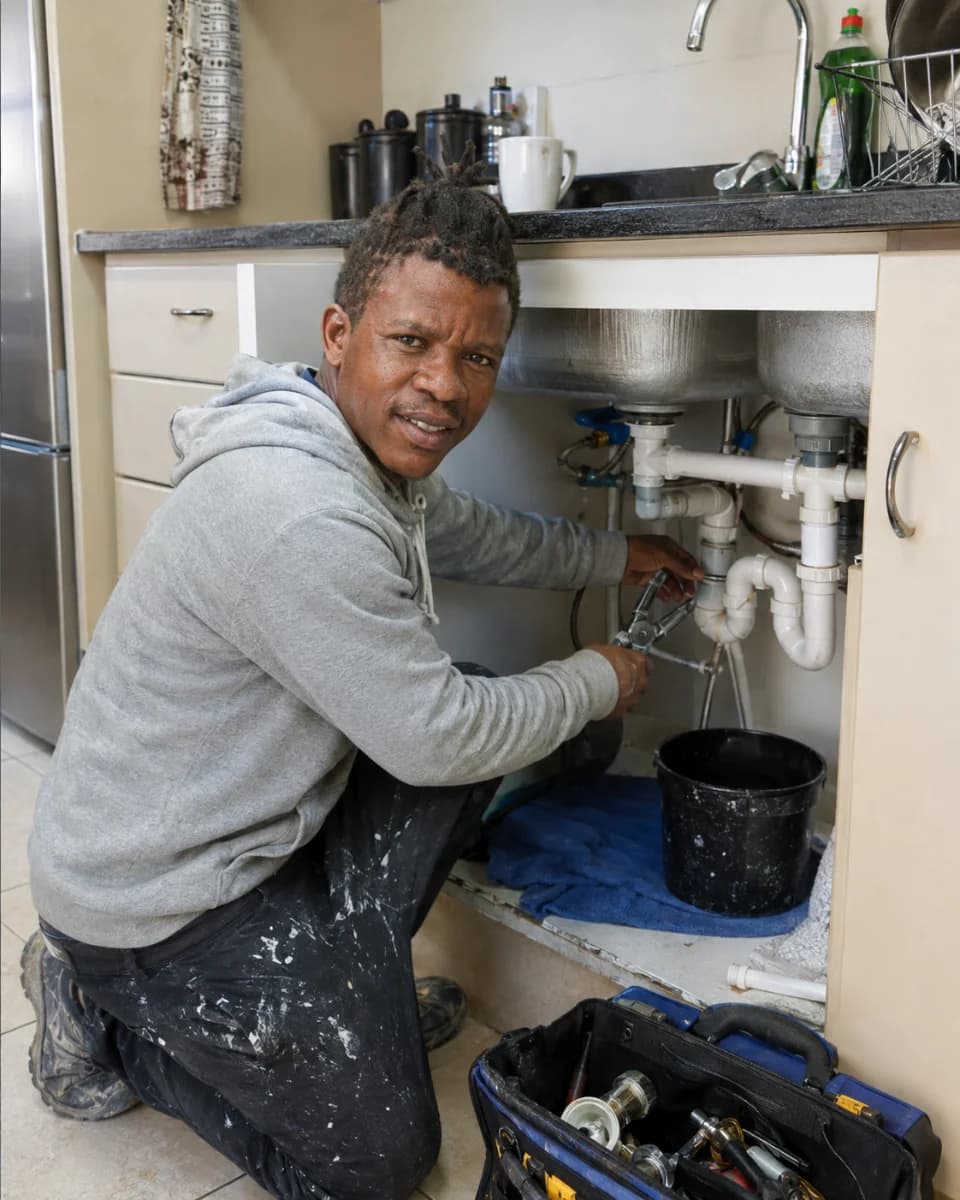 Plumber repairing a leaking pipe on a job in Edenvale